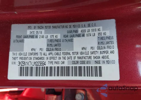 2018 Mazda Mazda3 Sport from USA, damaged, VIN 3MZBN1K7XJM223894